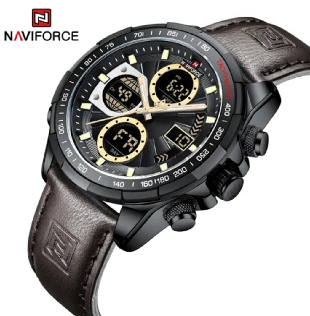 NAVIFORCE 9197L leather watch with digital calendar display