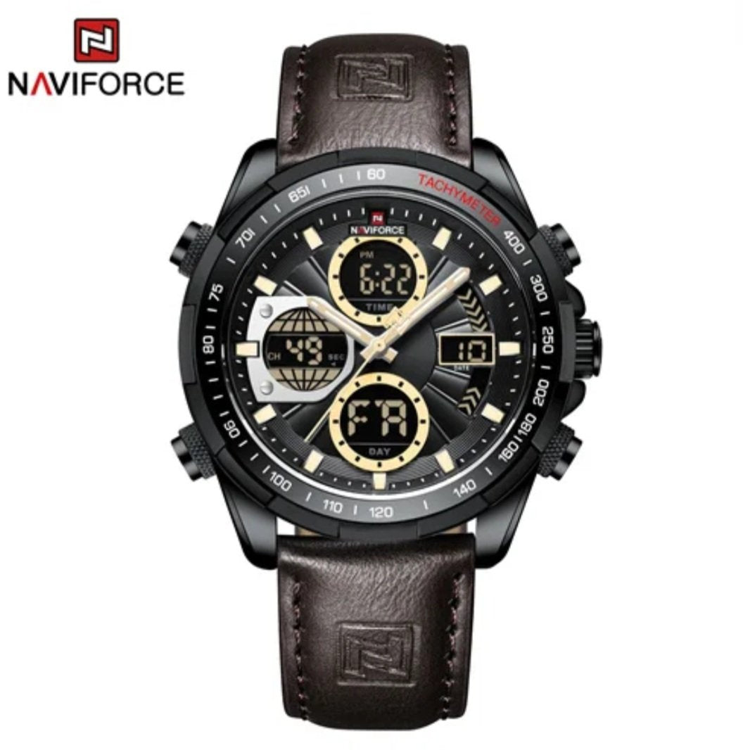 NAVIFORCE 9197L leather watch with digital calendar display