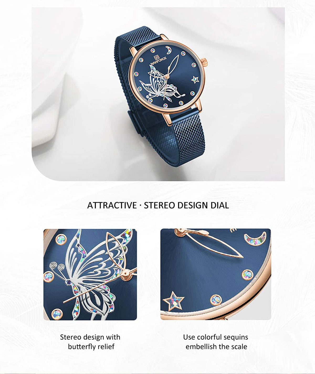 NAVIFORCE 5011 Women Watches Luxury Brand Vivid Butterfly Watch Fashion Quartz Ladies Mesh Stainless Steel Waterproof Gift Watch