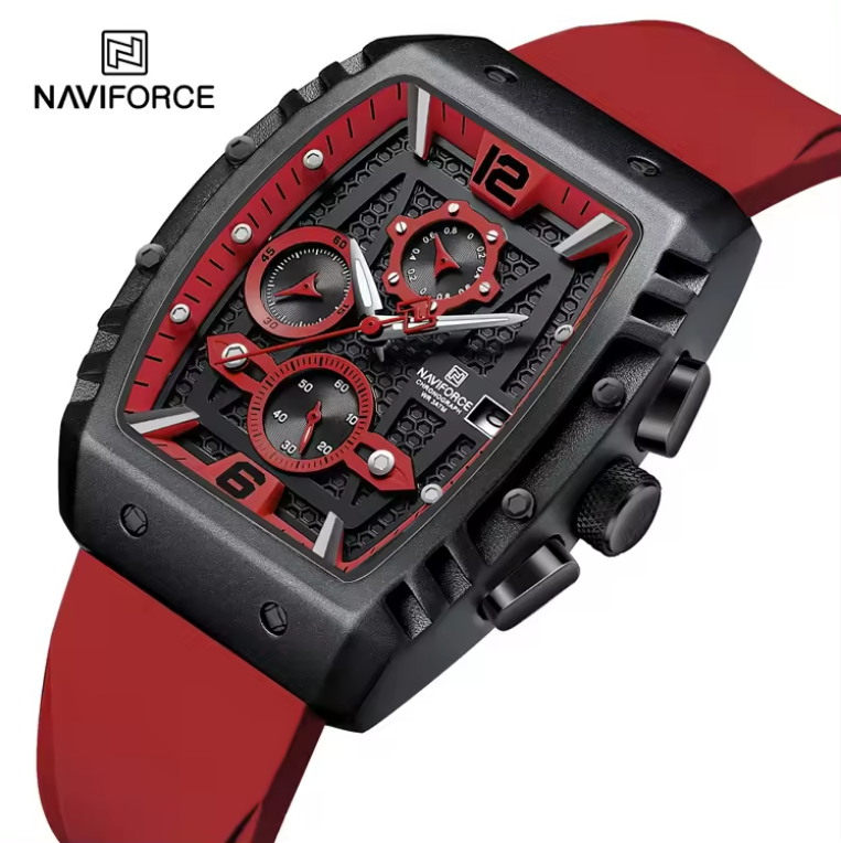 NAVIFORCE 8025 BRR New men watches Sport Quartz Chronograph Red Fumed Silica band with date 30m waterproof wristwatch