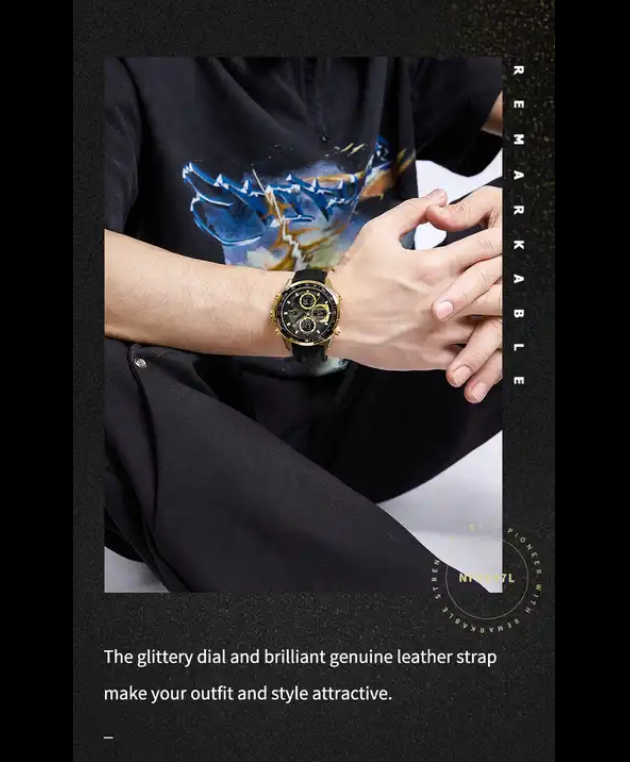 NAVIFORCE 9197L GBB Men Leather Watches Casual Fashion Waterproof Lcd Digital Week Display Calendar wristwatch
