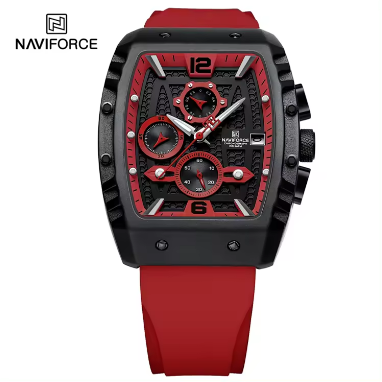 NAVIFORCE 8025 BRR New men watches Sport Quartz Chronograph Red Fumed Silica band with date 30m waterproof wristwatch