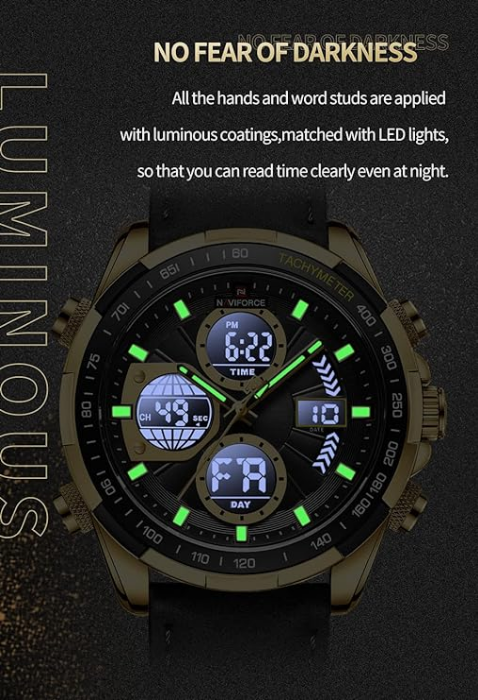 NAVIFORCE 9197L GBB Men Leather Watches Casual Fashion Waterproof Lcd Digital Week Display Calendar wristwatch