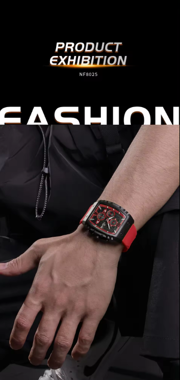 NAVIFORCE 8025 BRR New men watches Sport Quartz Chronograph Red Fumed Silica band with date 30m waterproof wristwatch