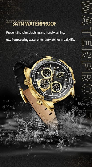 NAVIFORCE 9197L GBB Men Leather Watches Casual Fashion Waterproof Lcd Digital Week Display Calendar wristwatch