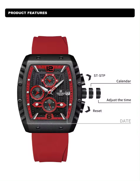NAVIFORCE 8025 BRR New men watches Sport Quartz Chronograph Red Fumed Silica band with date 30m waterproof wristwatch