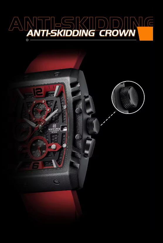 NAVIFORCE 8025 BRR New men watches Sport Quartz Chronograph Red Fumed Silica band with date 30m waterproof wristwatch