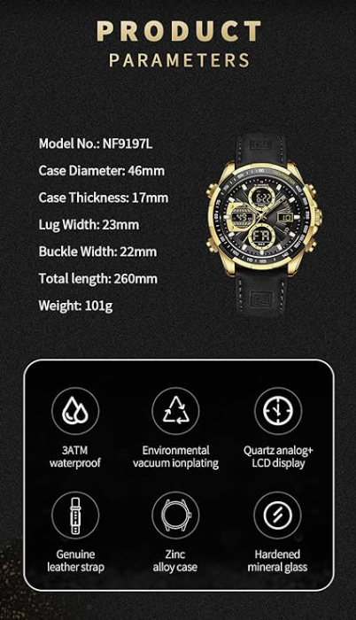 NAVIFORCE 9197L GBB Men Leather Watches Casual Fashion Waterproof Lcd Digital Week Display Calendar wristwatch