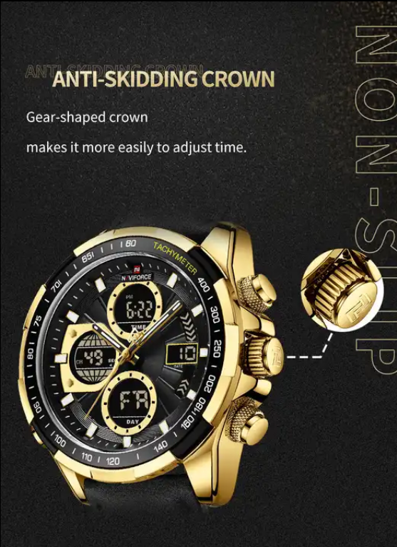 NAVIFORCE 9197L GBB Men Leather Watches Casual Fashion Waterproof Lcd Digital Week Display Calendar wristwatch