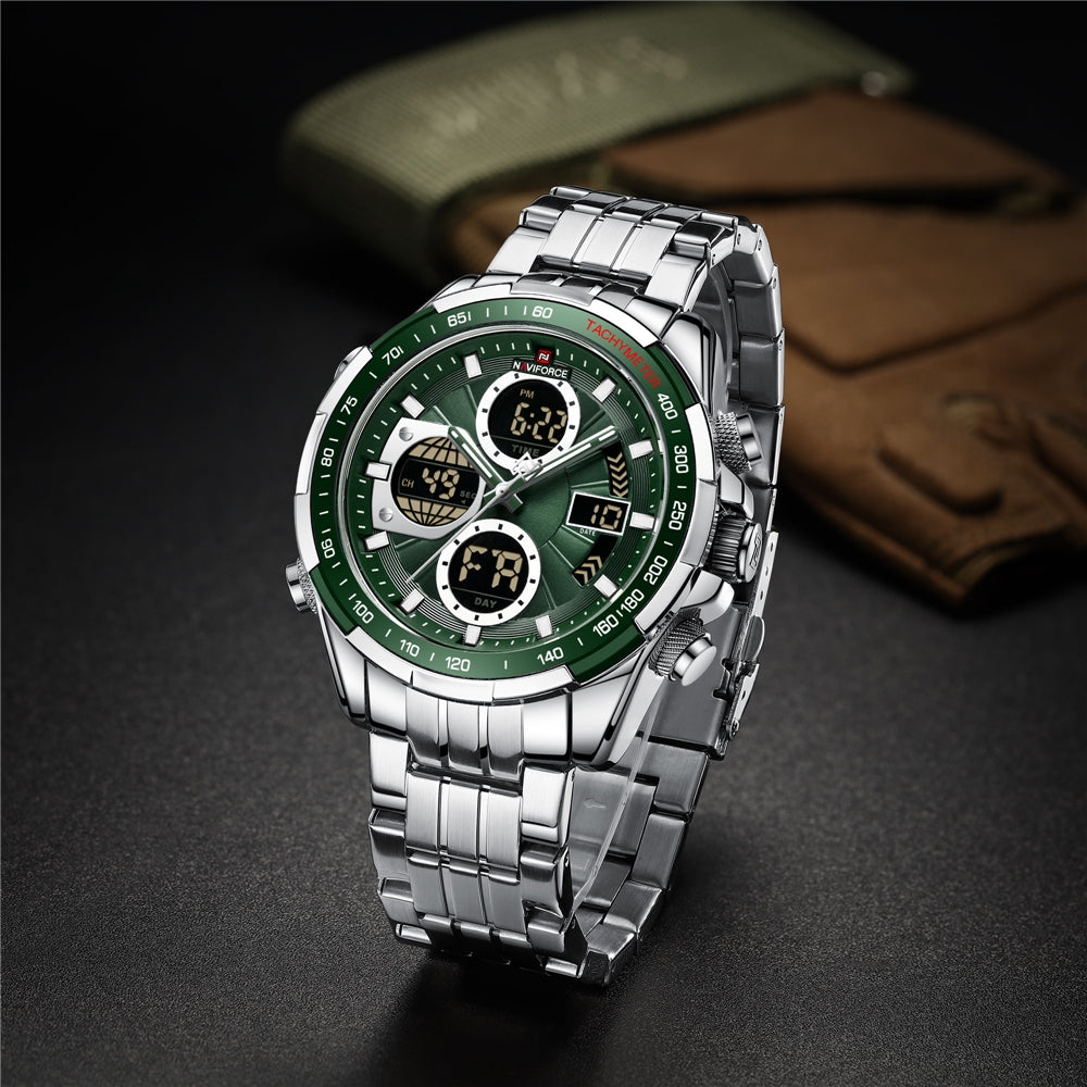 NF 9197S Quartz Watch For Mens Classic Lcd Digital Waterproof Sport Stainless Steel Men Wrist Watch