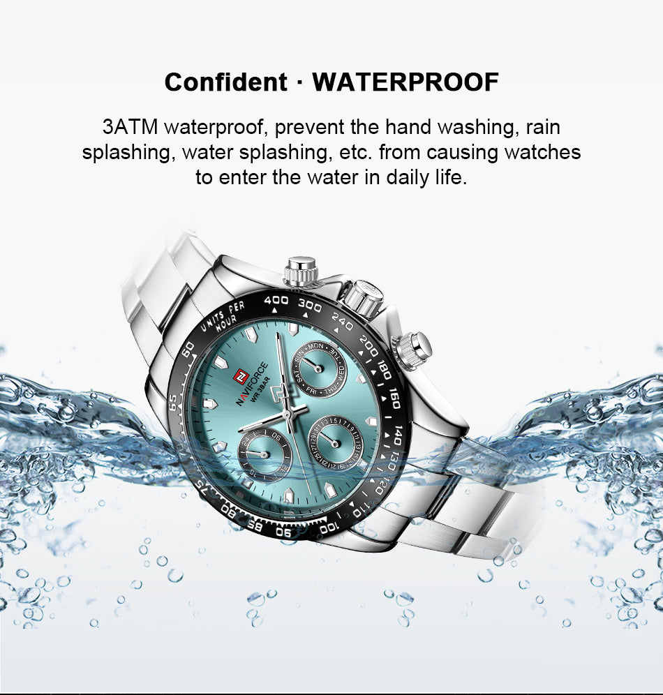 NAVIFORCE 9193 SBBE Men 3ATM Waterproof Watches 24 Hour Date Week Quartz Wrist Watches Stainless Steel unisex Relogio