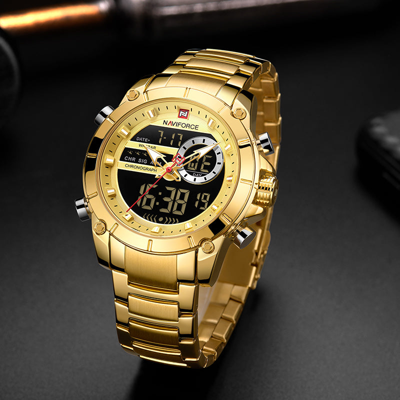 NAVIFORCE 9163 Sport Watches Fashion Nice Digital Quartz Steel Waterproof Dual Display Date Men Gold Watch