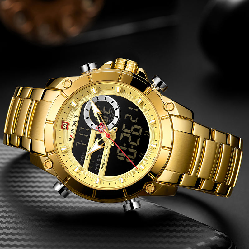 NAVIFORCE 9163 Sport Watches Fashion Nice Digital Quartz Steel Waterproof Dual Display Date Men Gold Watch
