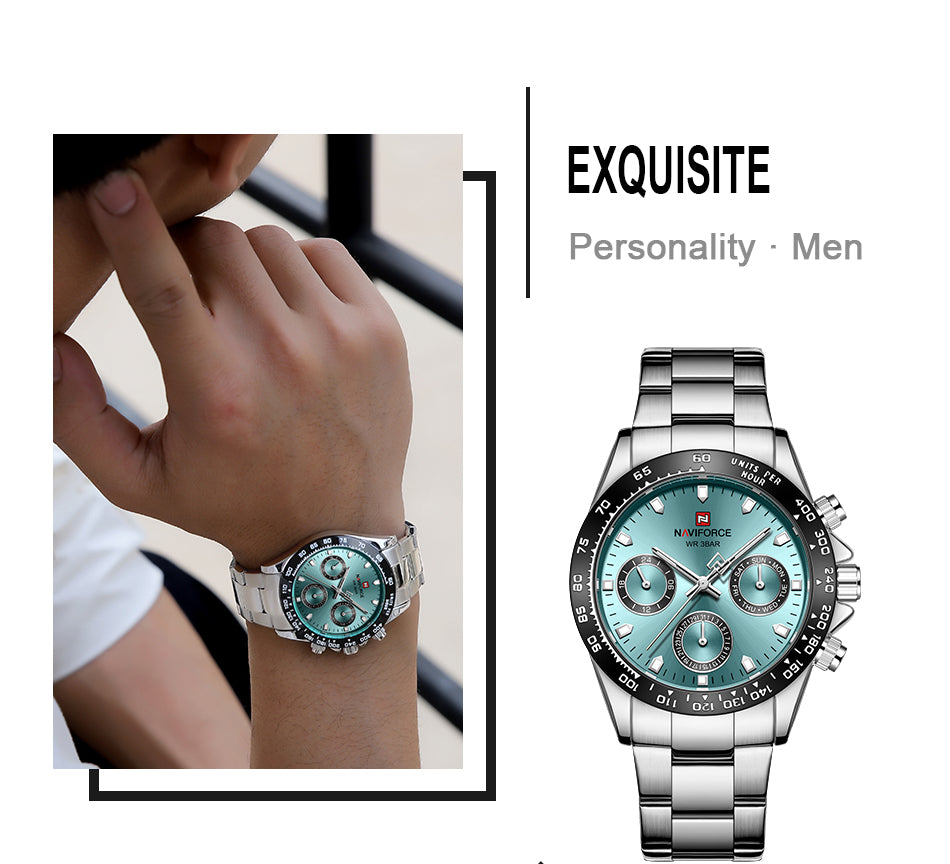 NAVIFORCE 9193 SBBE Men 3ATM Waterproof Watches 24 Hour Date Week Quartz Wrist Watches Stainless Steel unisex Relogio