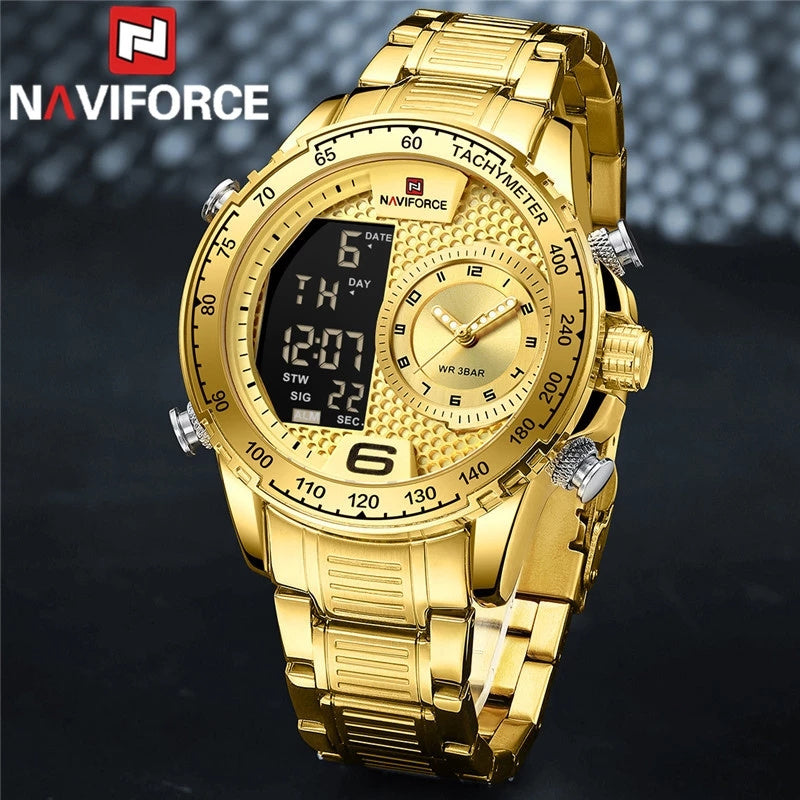 montre Naviforce 9199 S New Luxury Watch for Men Stainless Steel Dual Display Waterproof Military Sports Quartz Wrist Watches