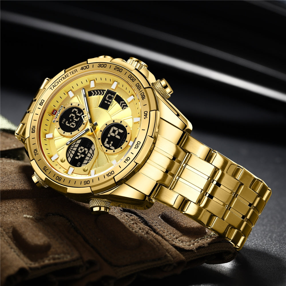 NF 9197S Quartz Watch For Mens Classic Lcd Digital Waterproof Sport Stainless Steel Men Wrist Watch
