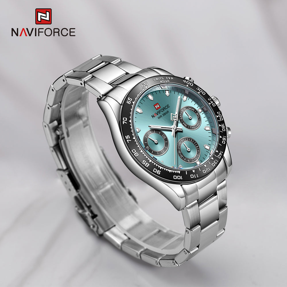 NAVIFORCE 9193 SBBE Men 3ATM Waterproof Watches 24 Hour Date Week Quartz Wrist Watches Stainless Steel unisex Relogio