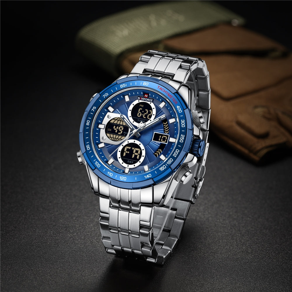 NF 9197S Quartz Watch For Mens Classic Lcd Digital Waterproof Sport Stainless Steel Men Wrist Watch