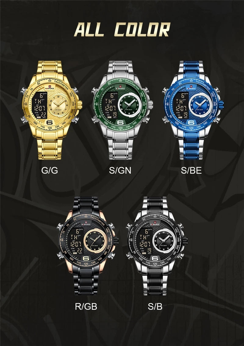 montre Naviforce 9199 S New Luxury Watch for Men Stainless Steel Dual Display Waterproof Military Sports Quartz Wrist Watches
