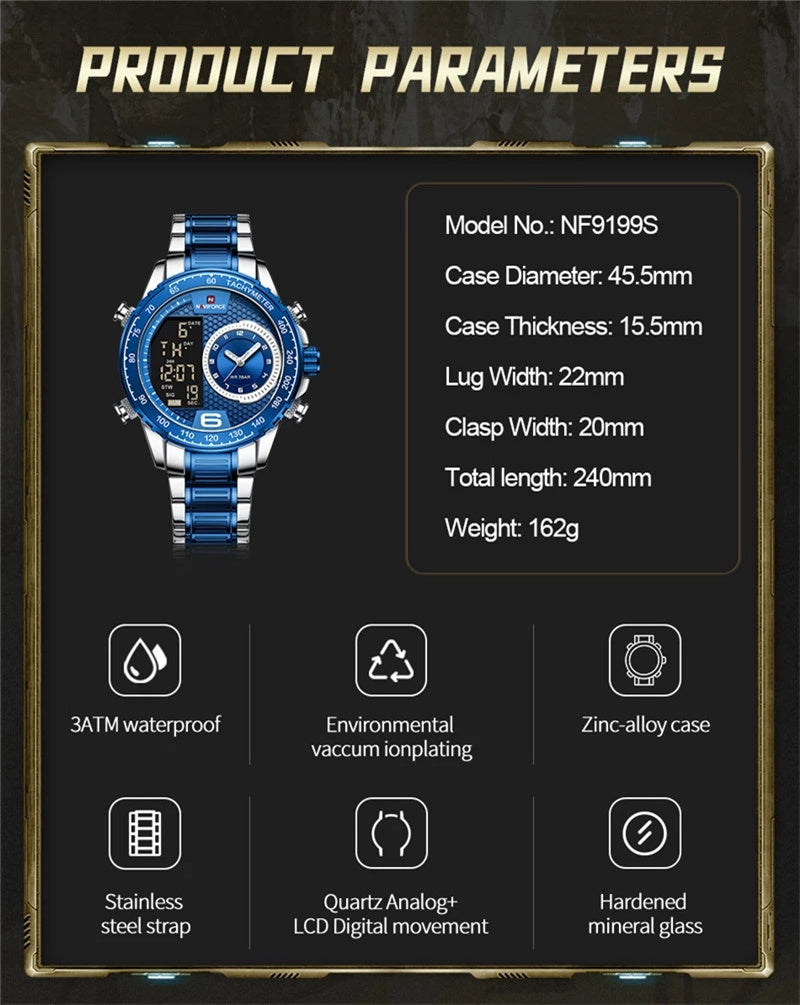 montre Naviforce 9199 S New Luxury Watch for Men Stainless Steel Dual Display Waterproof Military Sports Quartz Wrist Watches