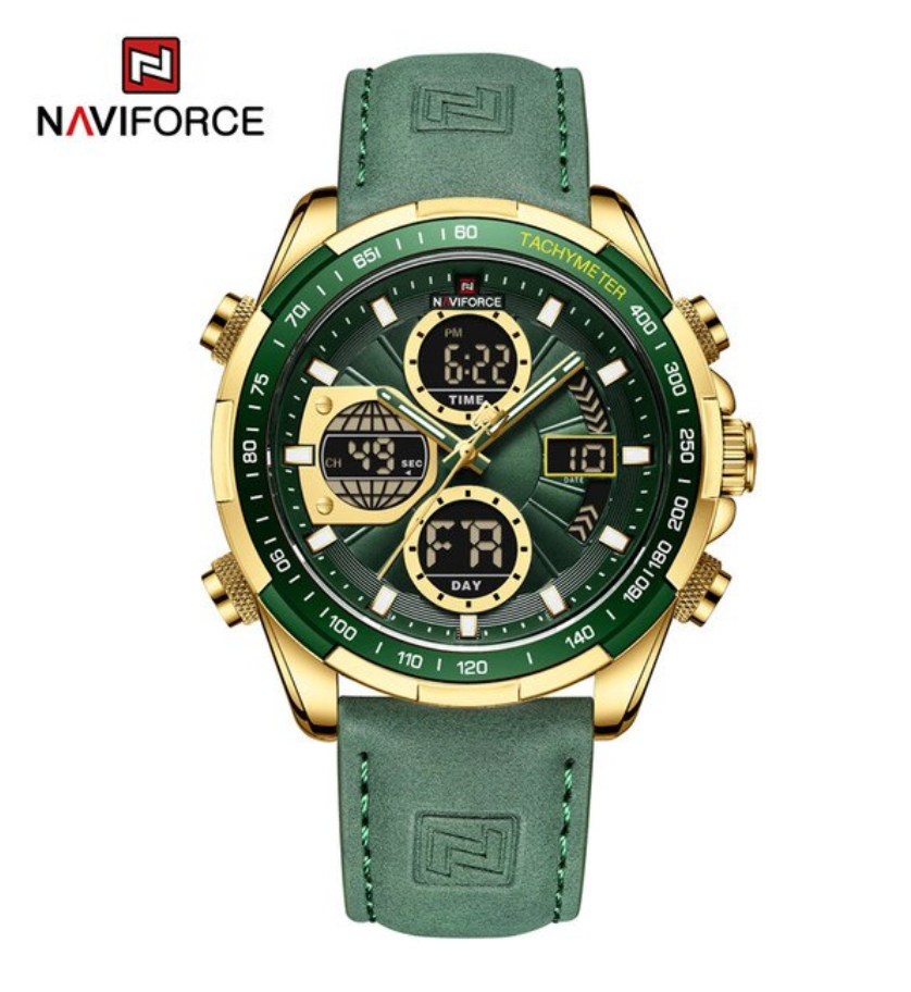NAVIFORCE 9197L gold-tone military watch with green leather strap