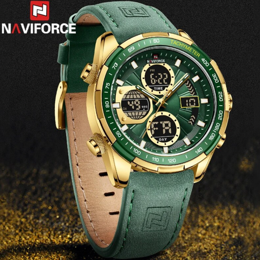 NAVIFORCE 9197L gold-tone military watch with green leather strap