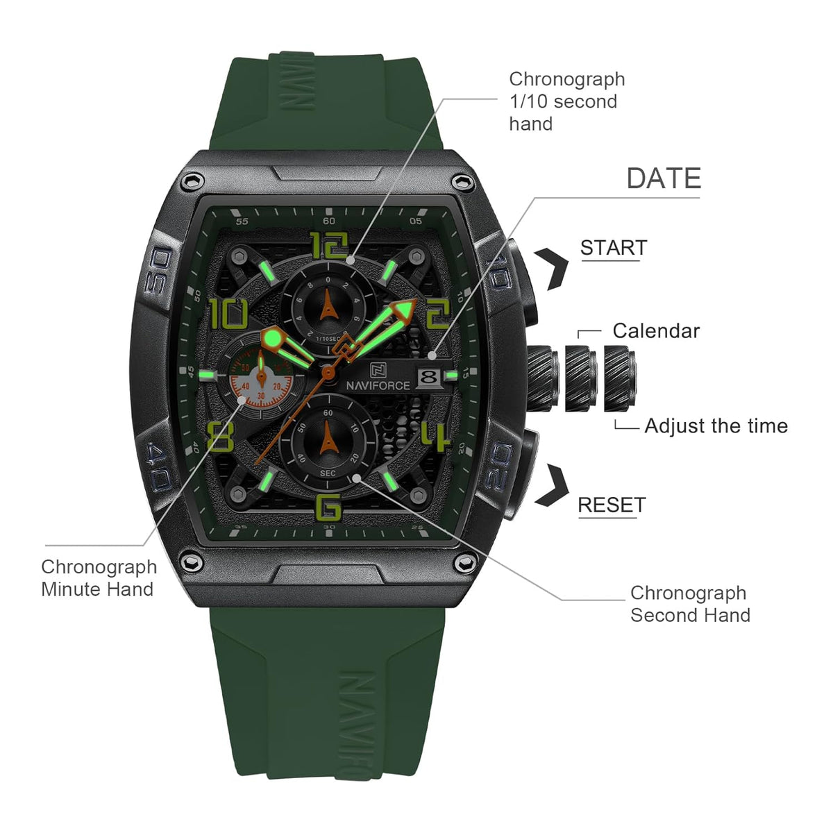 NAVIFORCE NF8052 Green Black watch angle view
