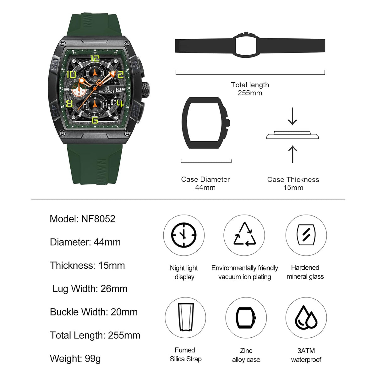 NAVIFORCE NF8052 Green Black watch crown detail